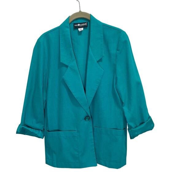 Sag Harbor Jackets & Blazers - Vintage 90s Sag Harbor Women's Petites Teal Cotton Oversized Boyfriend Blazer